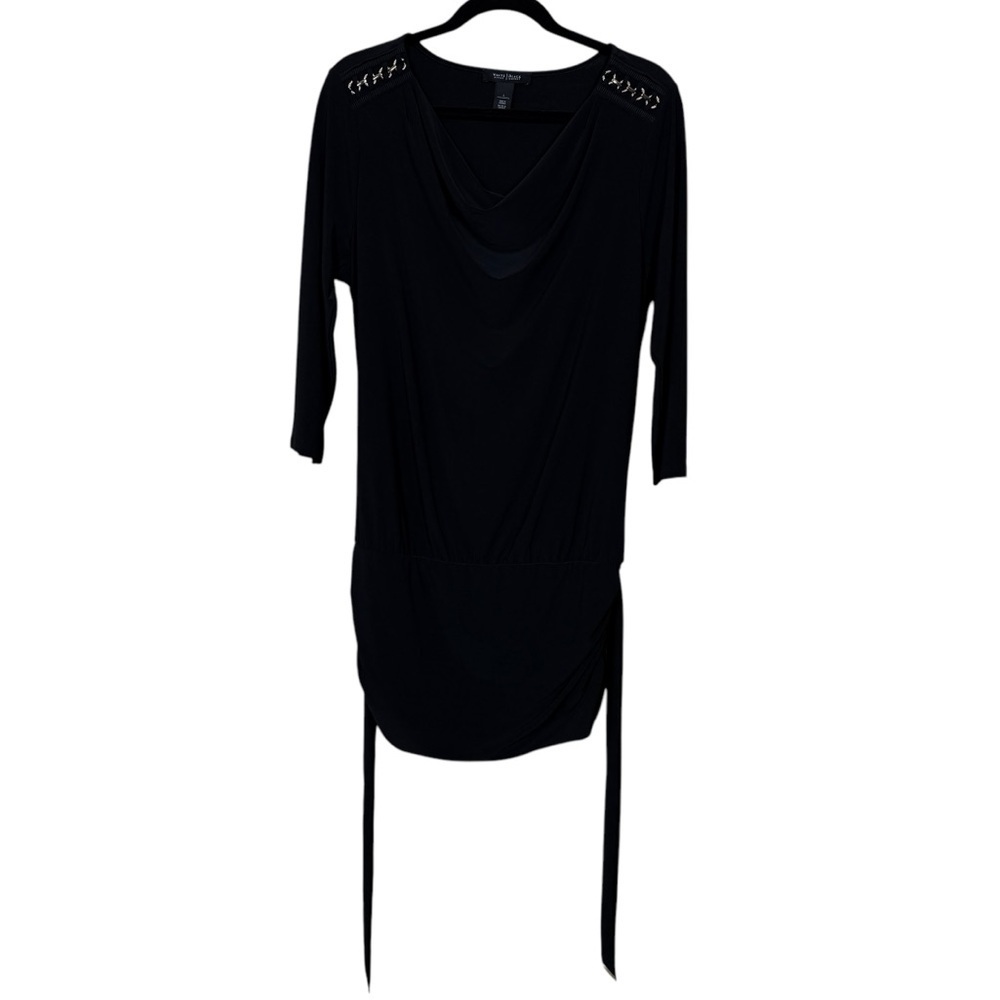 White House Black Market Black Tunic Shirt with Gold Shoulders Design Size L